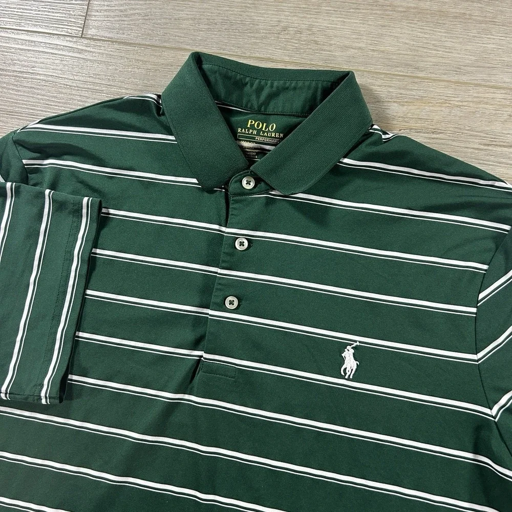 Polo Ralph Lauren Medium Performance Shirt Green Striped Golf Stretch Pony Logo